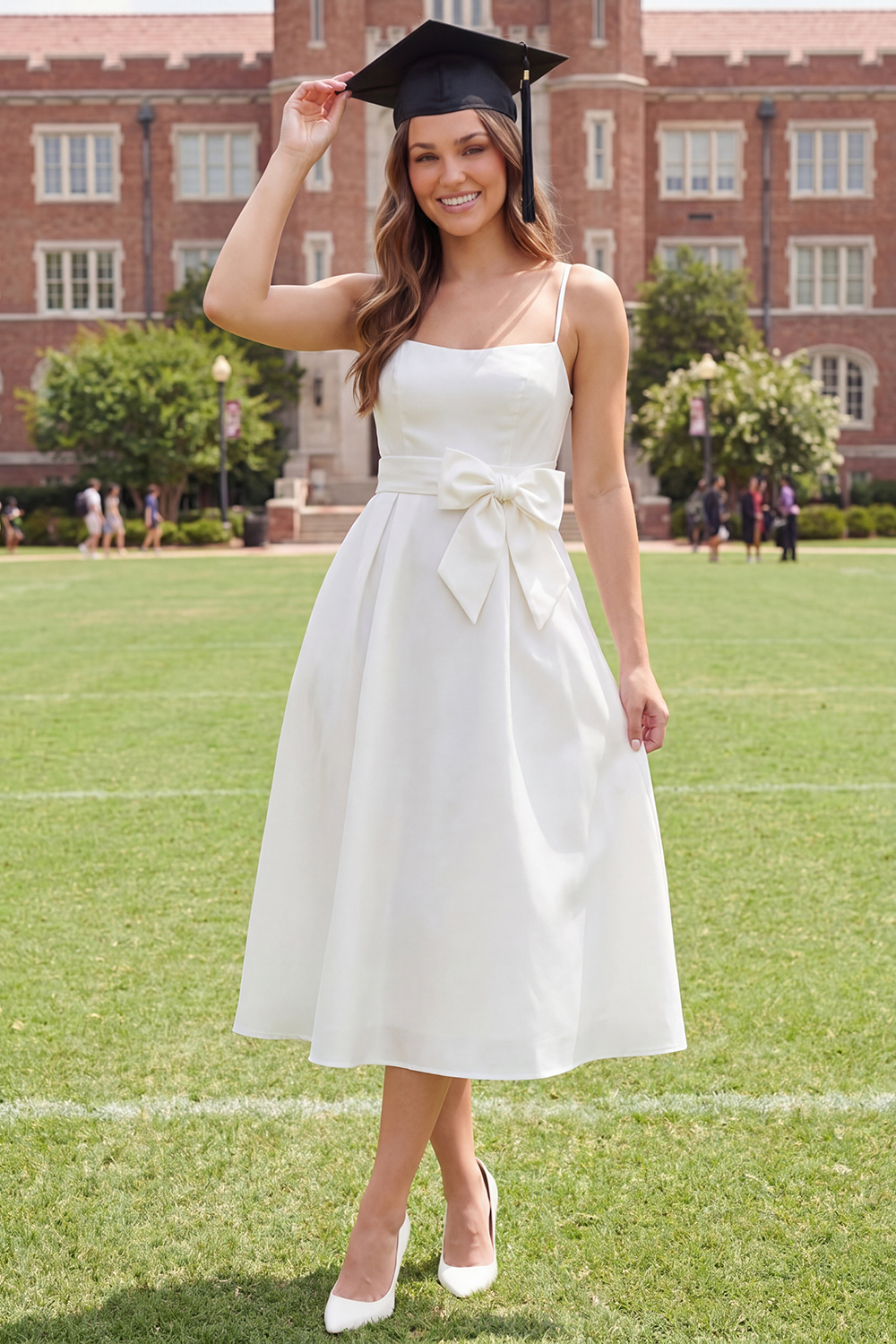 White Spaghetti Straps A Line Midi Graduation Dress with Bow