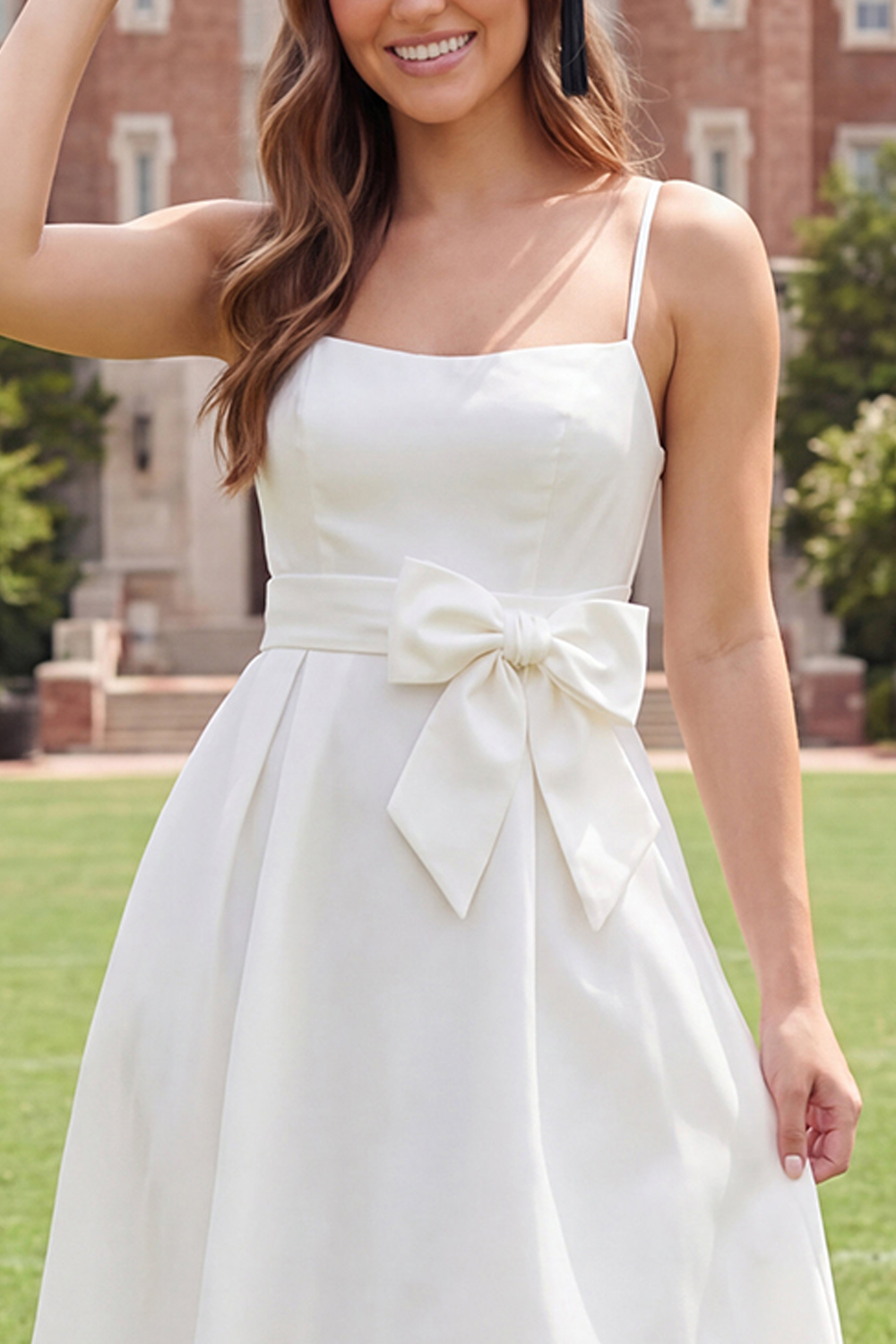White Spaghetti Straps A Line Midi Graduation Dress with Bow