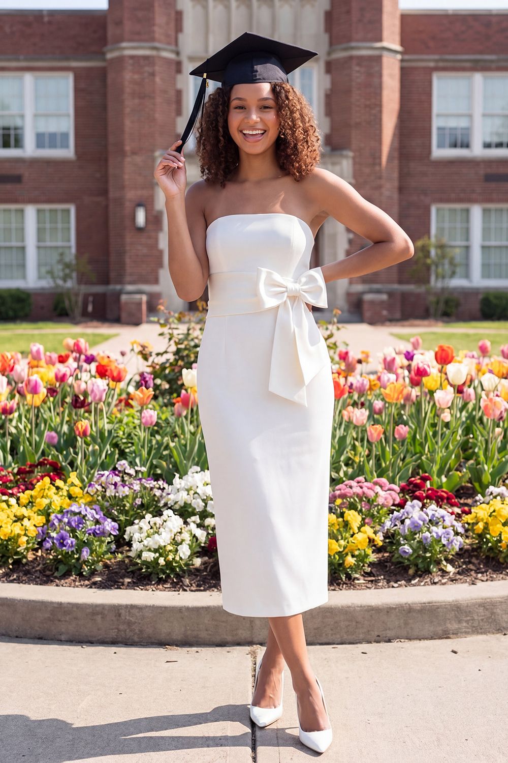 White Strapless Sheath Satin Midi Graduation Dress with Bow