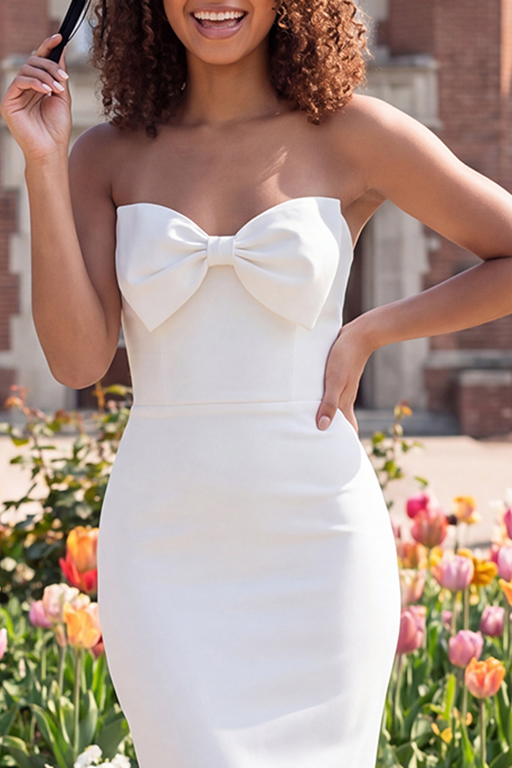 White Strapless Bodycon Long Graduation Dress with Bow