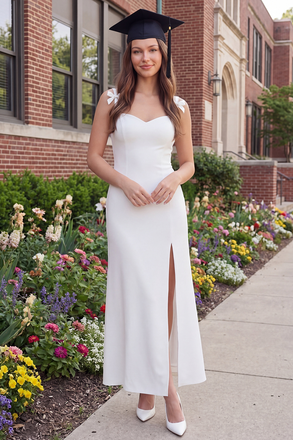 White Sheath Spaghetti Straps Long Graduation Dress with Slit