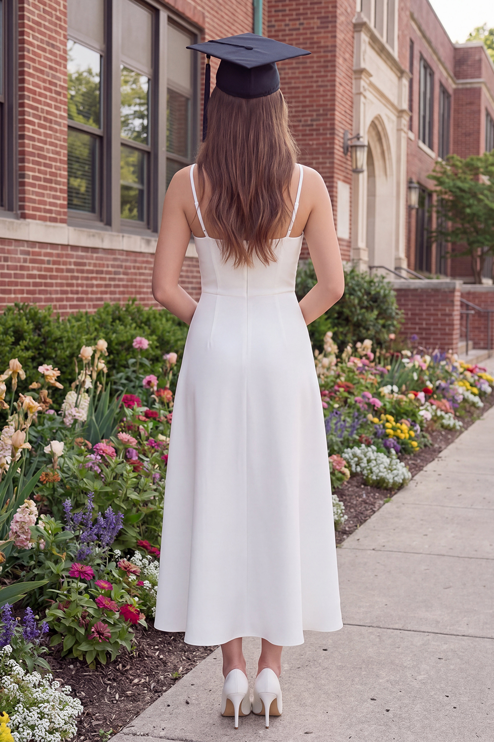 White Sheath Spaghetti Straps Long Graduation Dress with Slit