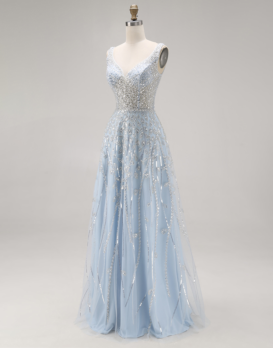 Sparkly Light Blue Sequins V-Neck Long Corset Prom Dress with Beading