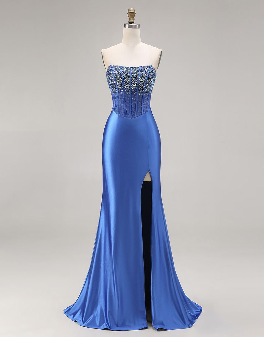 Sparkly Royal Blue Beaded Strapless Mermaid Long Corset Prom Dress with Slit