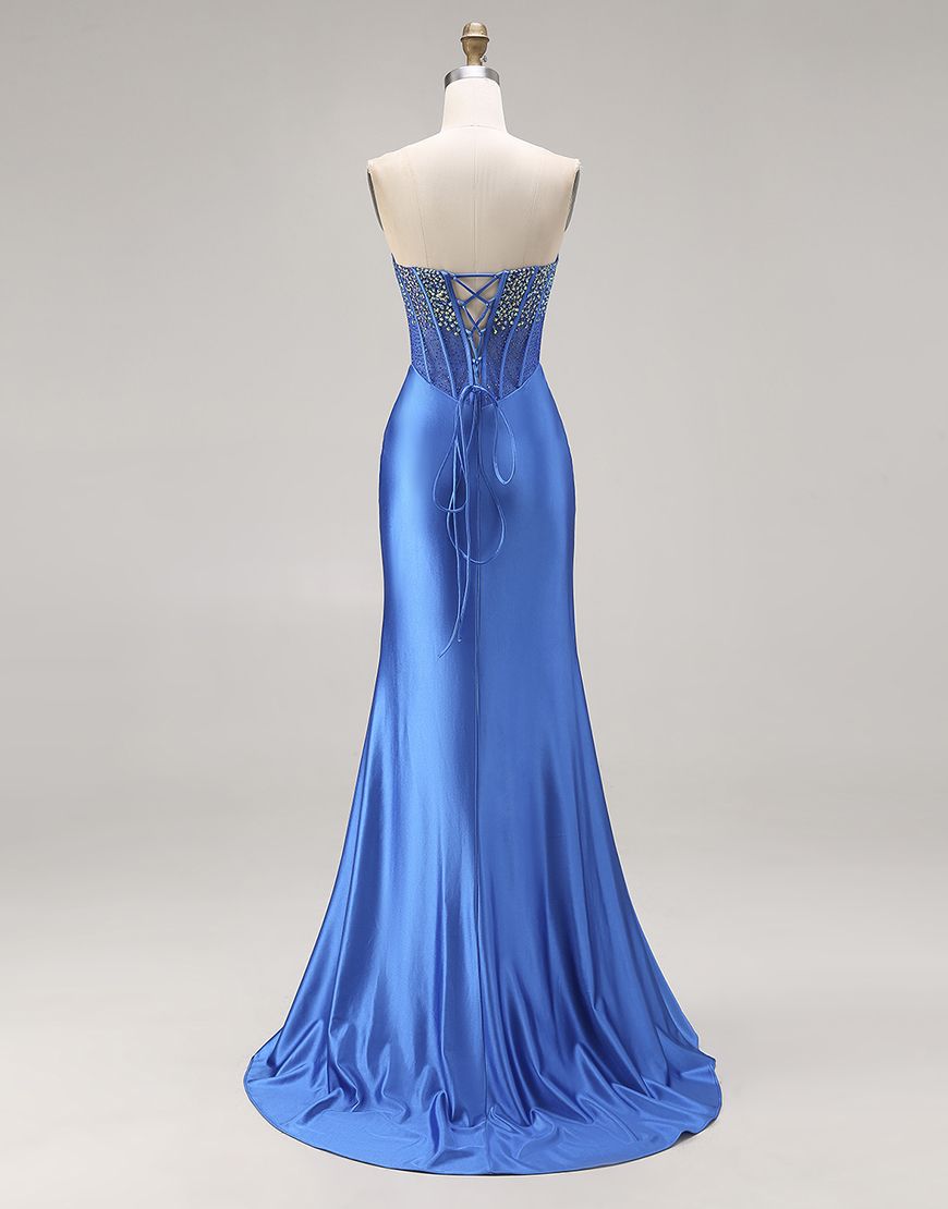 Sparkly Royal Blue Beaded Strapless Mermaid Long Corset Prom Dress with Slit