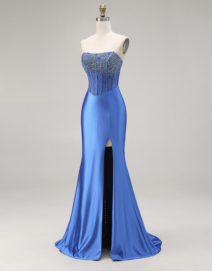 Sparkly Royal Blue Beaded Strapless Mermaid Long Corset Prom Dress with Slit