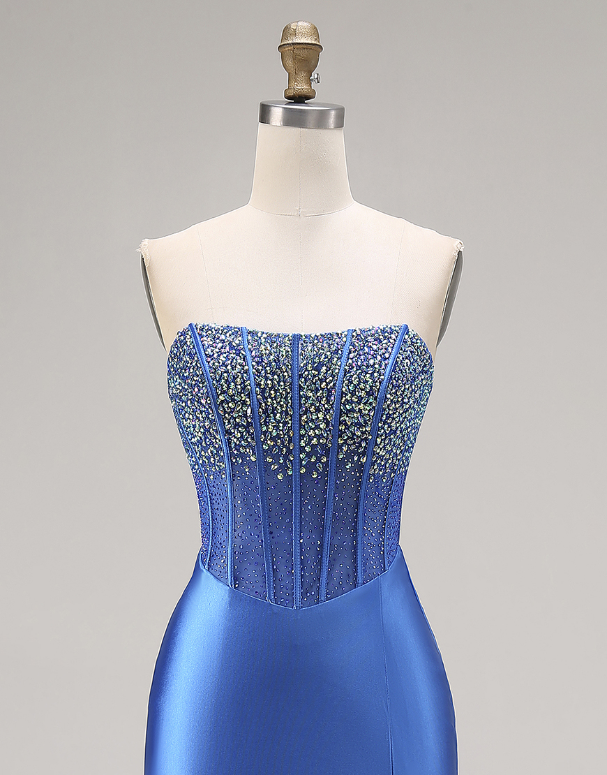 Sparkly Royal Blue Beaded Strapless Mermaid Long Corset Prom Dress with Slit