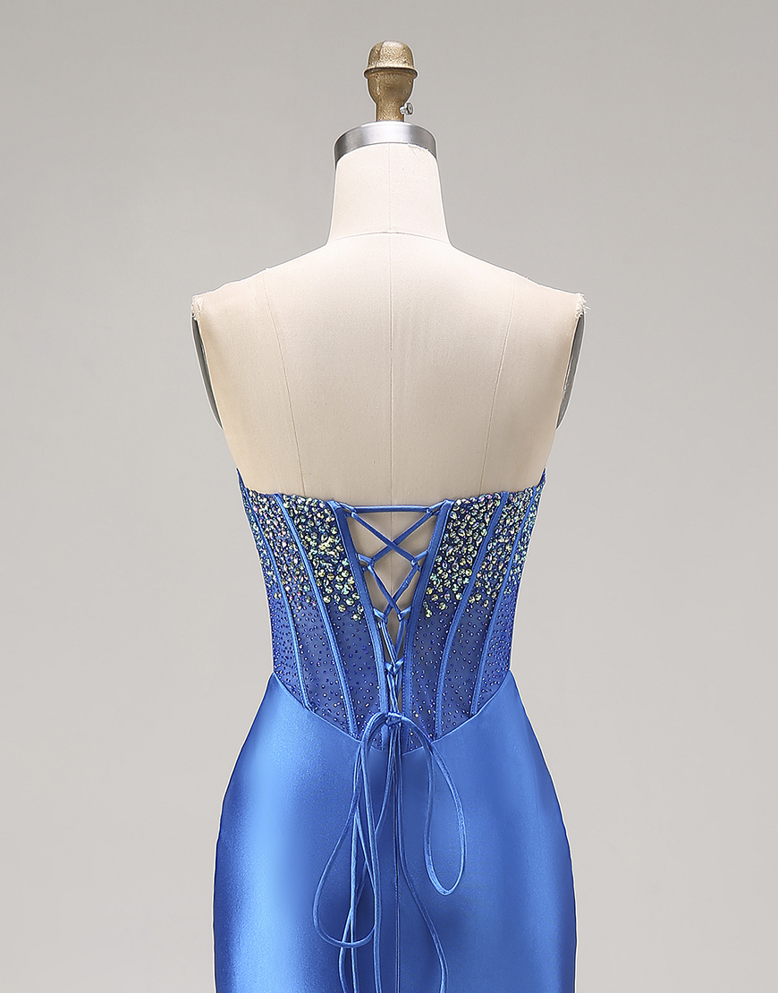 Sparkly Royal Blue Beaded Strapless Mermaid Long Corset Prom Dress with Slit