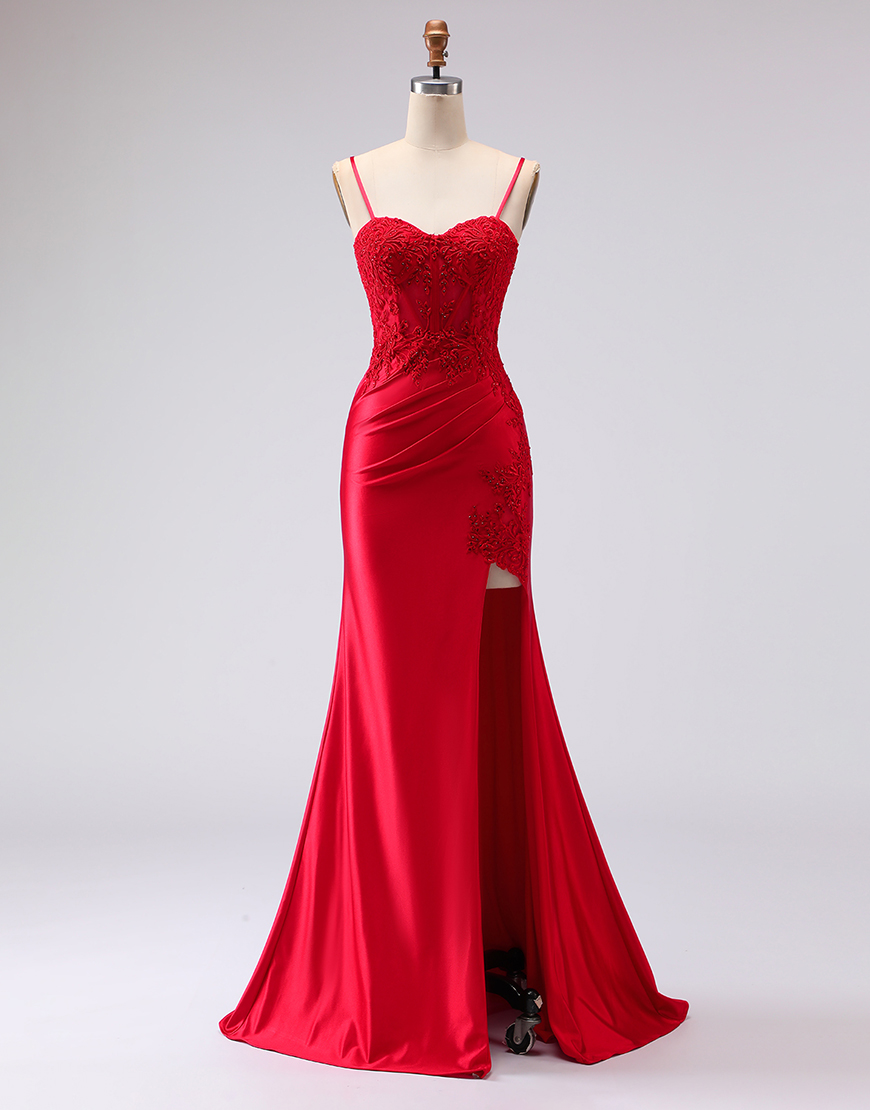 Red Mermaid Satin Spaghetti Straps Appliqued Long Prom Dress with Slit