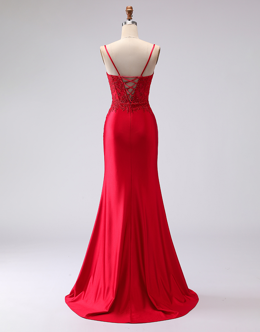 Red Mermaid Satin Spaghetti Straps Appliqued Long Prom Dress with Slit