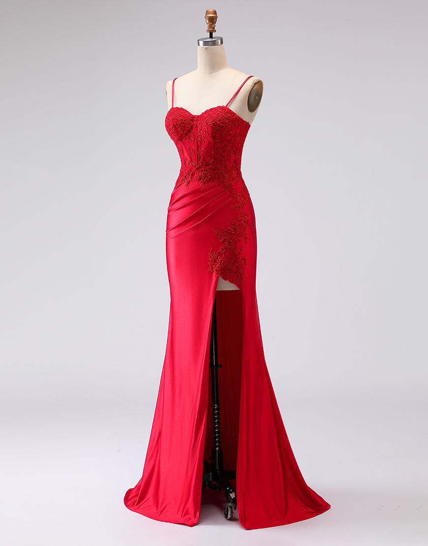 Red Mermaid Satin Spaghetti Straps Appliqued Long Prom Dress with Slit