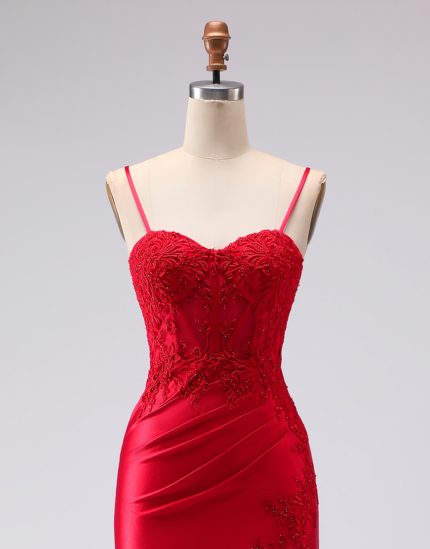 Red Mermaid Satin Spaghetti Straps Appliqued Long Prom Dress with Slit