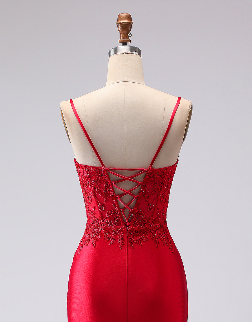 Red Mermaid Satin Spaghetti Straps Appliqued Long Prom Dress with Slit