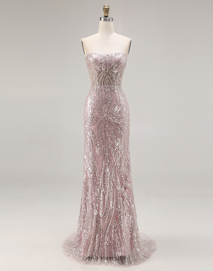 Sparkly Light Pink Mermaid Strapless Long Sequins Corset Prom Dress