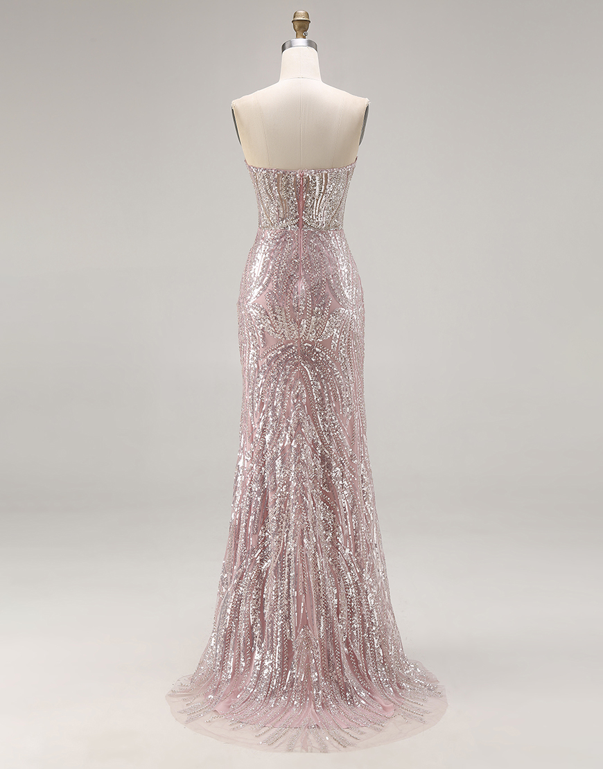 Sparkly Light Pink Mermaid Strapless Long Sequins Corset Prom Dress