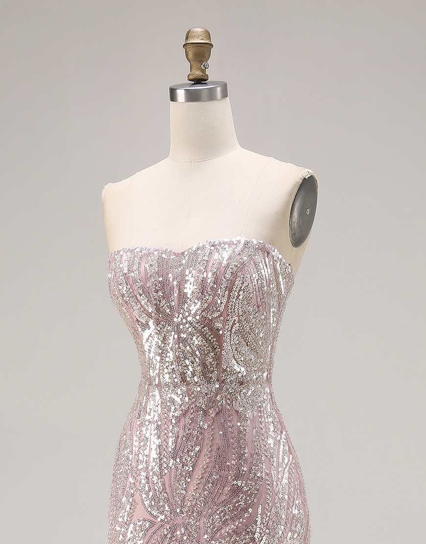 Sparkly Light Pink Mermaid Strapless Long Sequins Corset Prom Dress