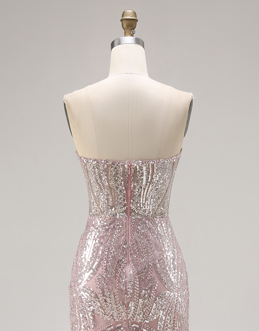 Sparkly Light Pink Mermaid Strapless Long Sequins Corset Prom Dress