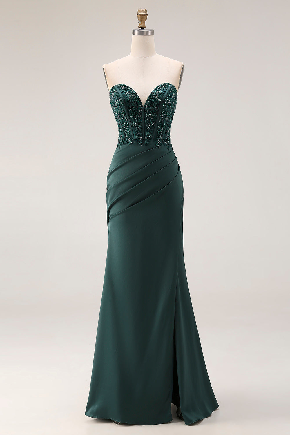 Sparkly Dark Green Mermaid Beaded Ruched Long Corset Prom Dress with Slit