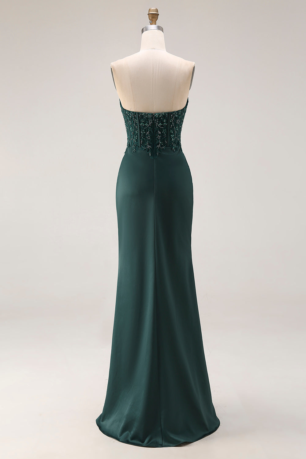 Sparkly Dark Green Mermaid Beaded Ruched Long Corset Prom Dress with Slit