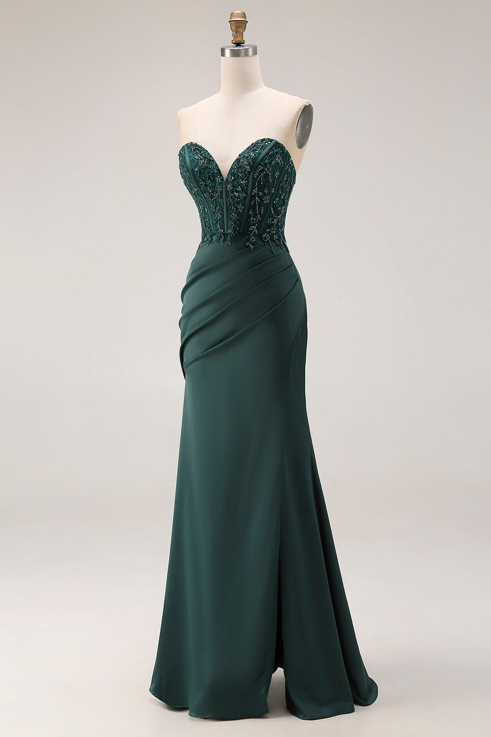 Sparkly Dark Green Mermaid Beaded Ruched Long Corset Prom Dress with Slit