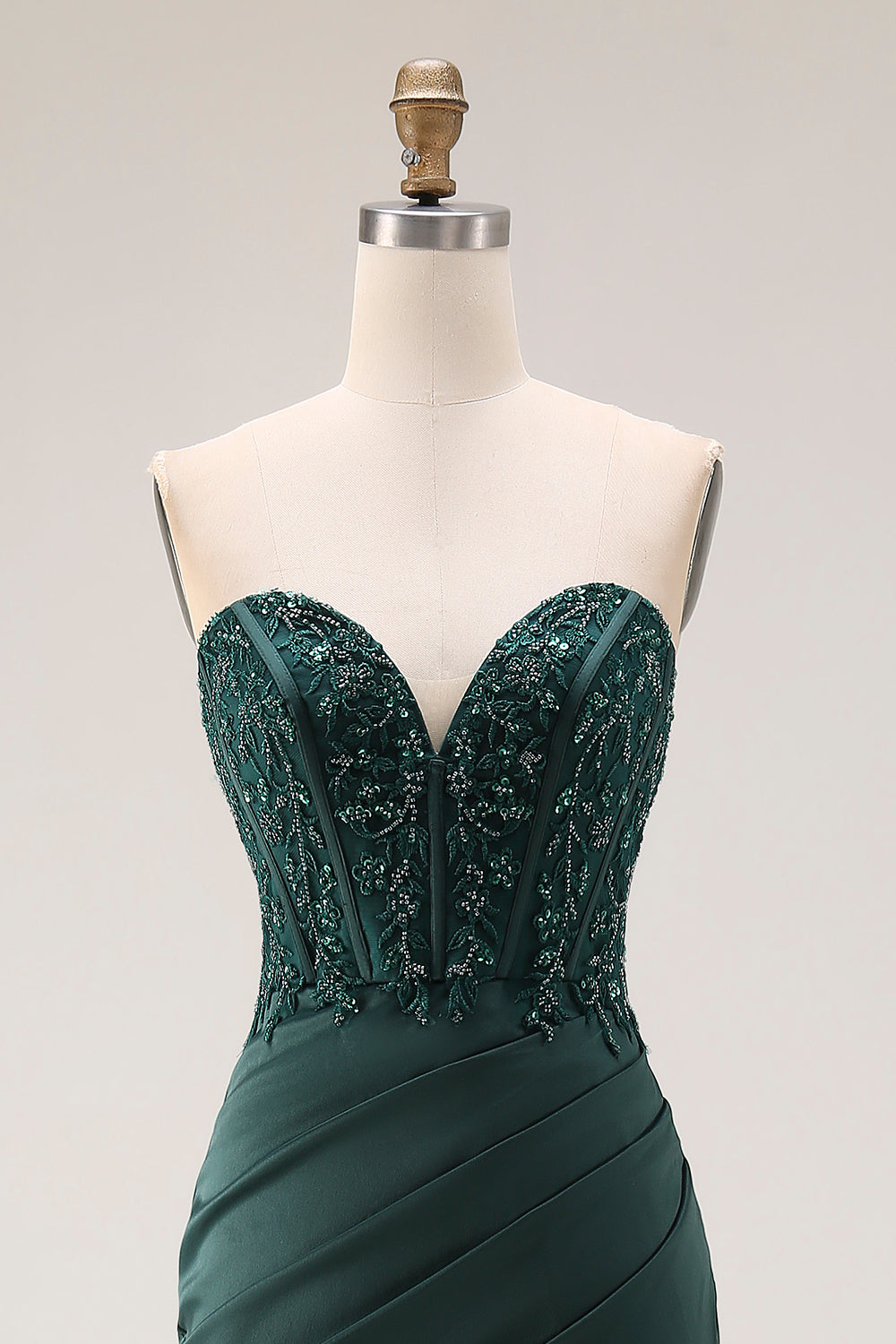Sparkly Dark Green Mermaid Beaded Ruched Long Corset Prom Dress with Slit