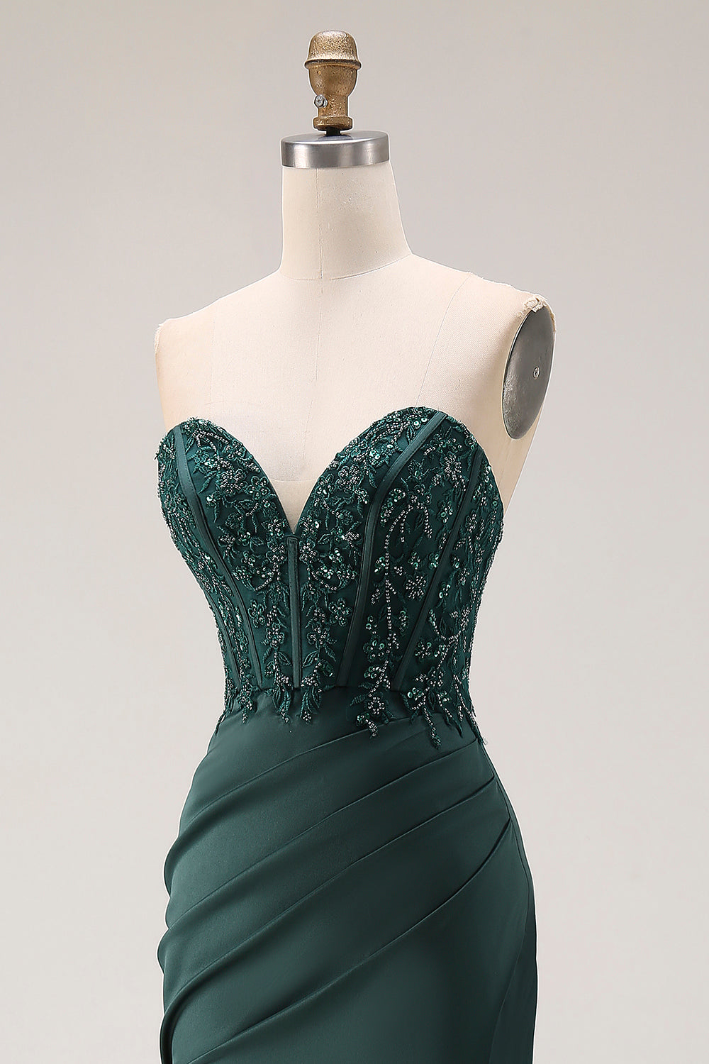 Sparkly Dark Green Mermaid Beaded Ruched Long Corset Prom Dress with Slit