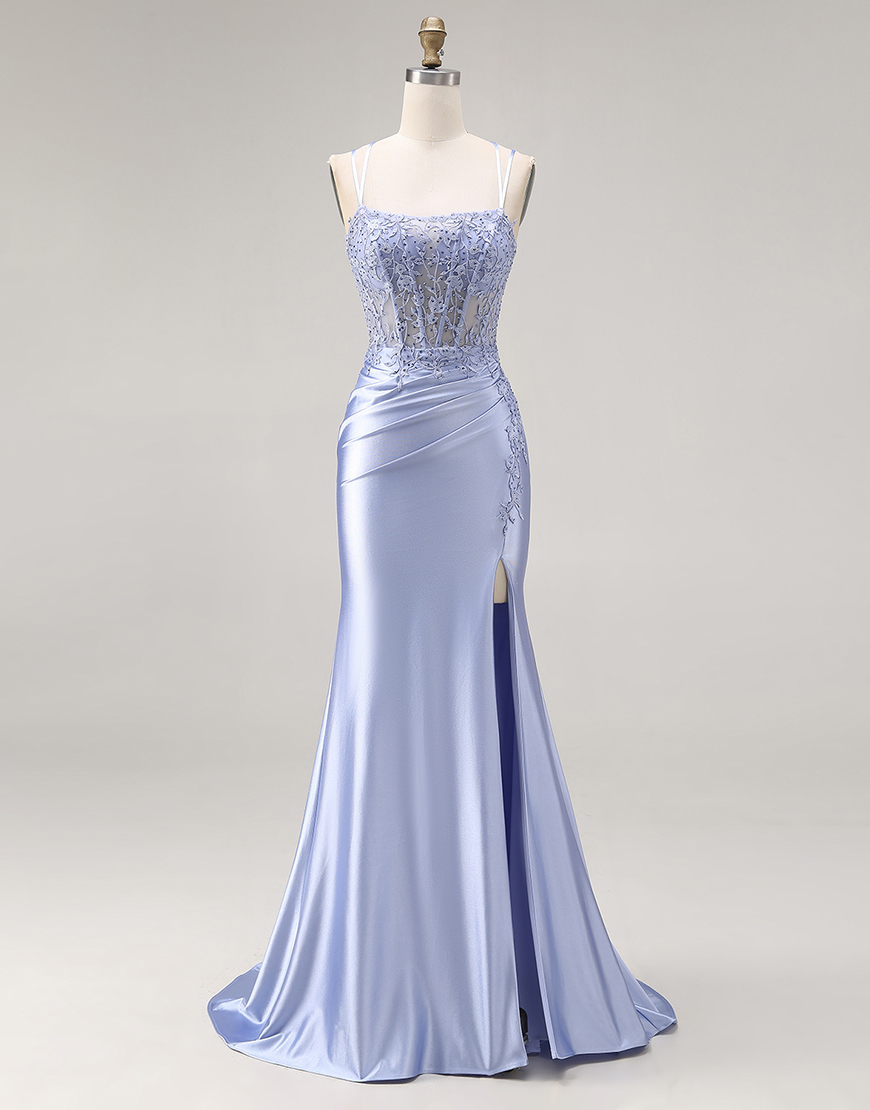 Sparkly Dusty Blue Mermaid Spaghetti Straps Beaded Long Prom Dress with Lace