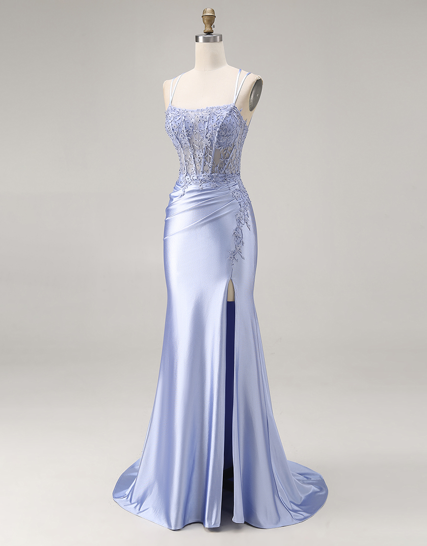 Sparkly Dusty Blue Mermaid Spaghetti Straps Beaded Long Prom Dress with Lace