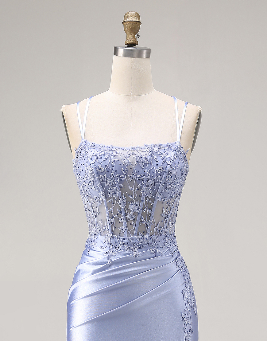 Sparkly Dusty Blue Mermaid Spaghetti Straps Beaded Long Prom Dress with Lace