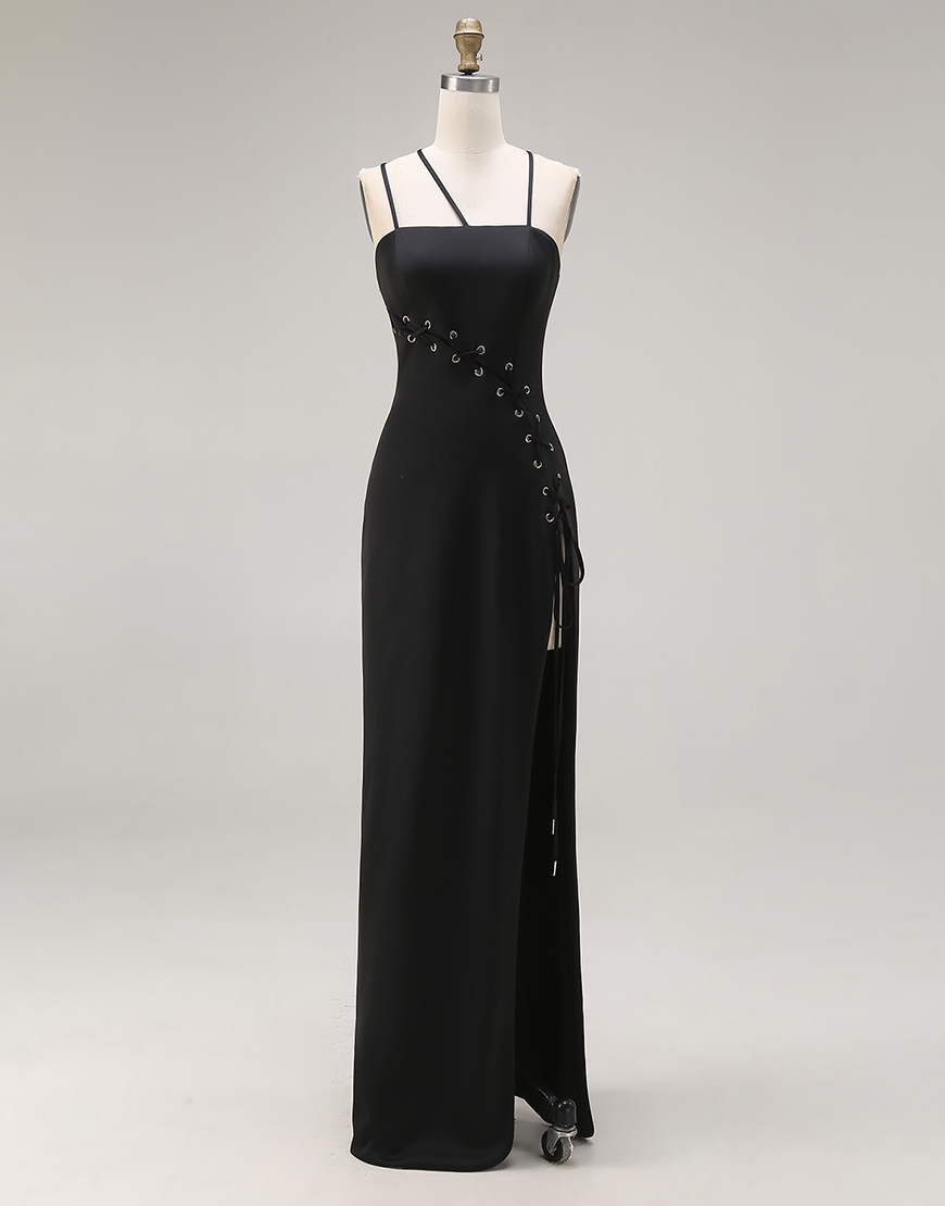 Black Mermaid Long Spaghetti Straps Prom Dress with Slit