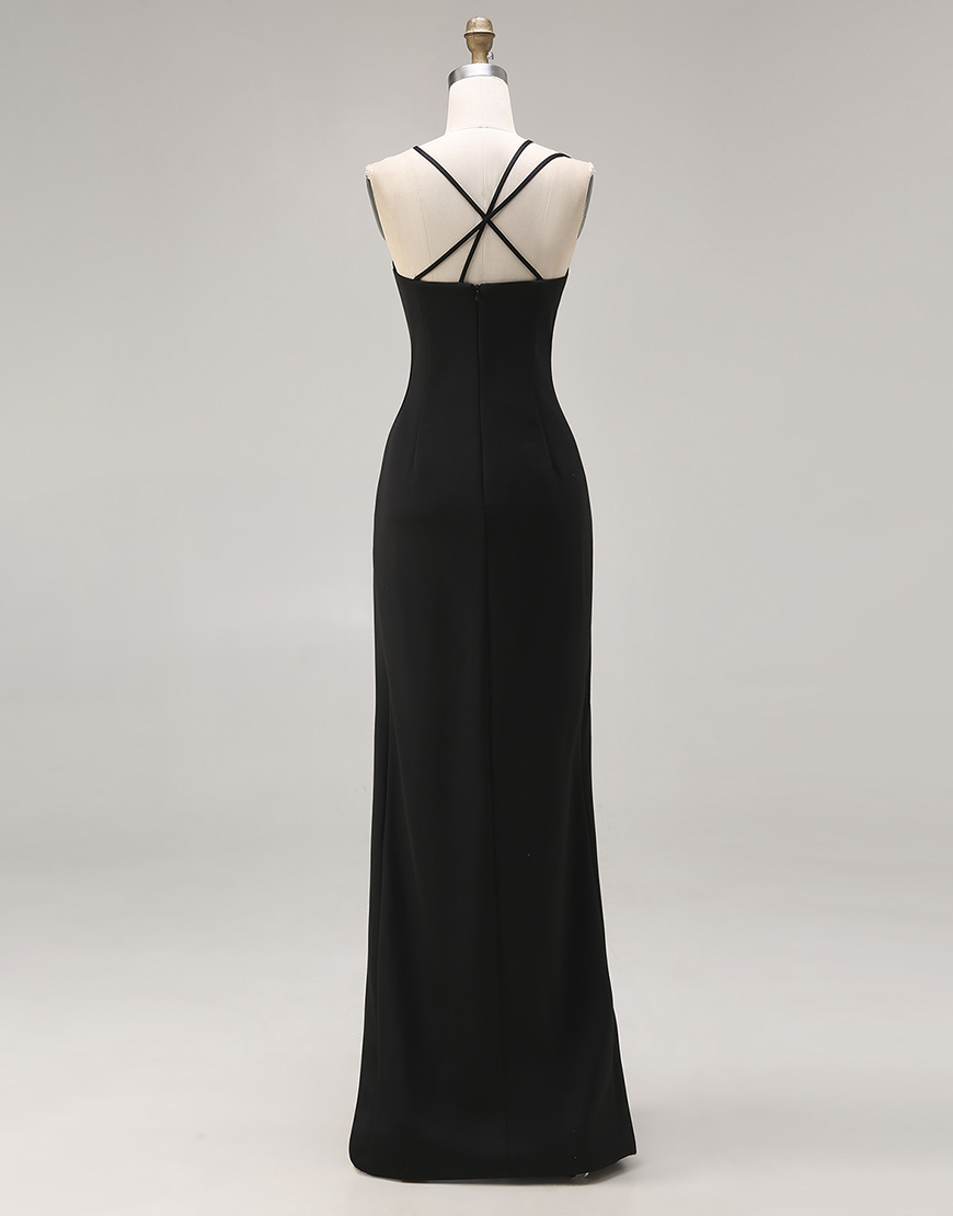 Black Mermaid Long Spaghetti Straps Prom Dress with Slit