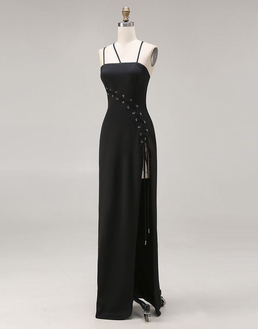 Black Mermaid Long Spaghetti Straps Prom Dress with Slit