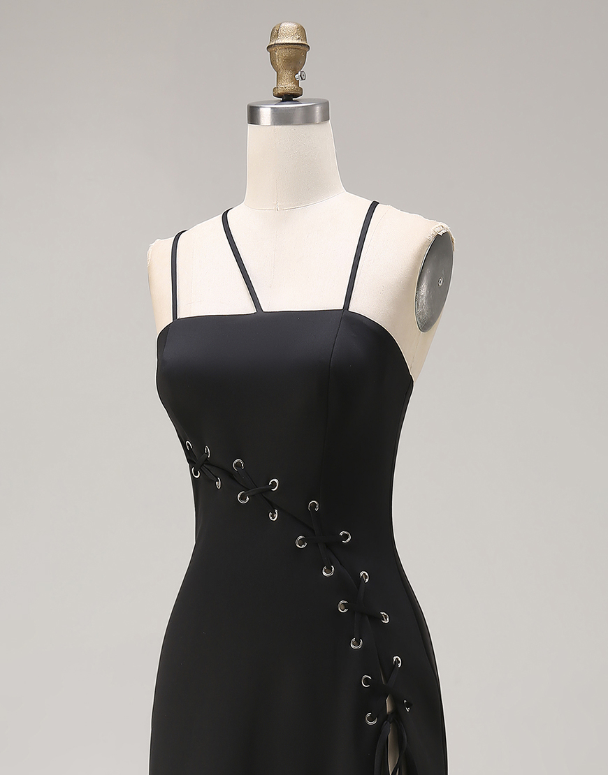 Black Mermaid Long Spaghetti Straps Prom Dress with Slit