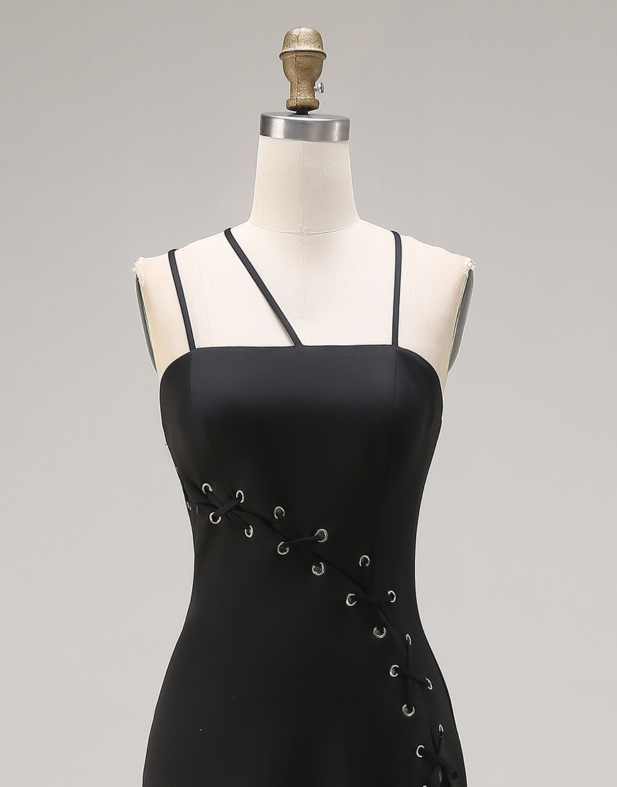 Black Mermaid Long Spaghetti Straps Prom Dress with Slit