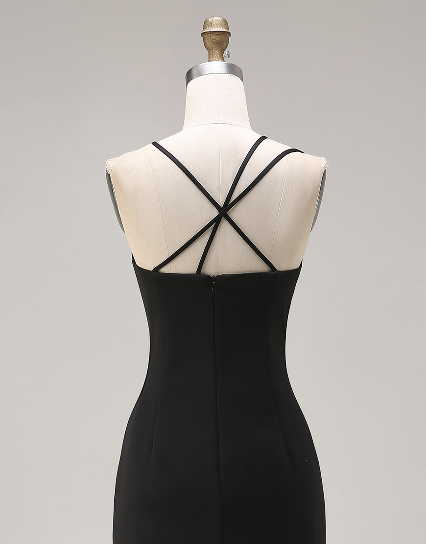 Black Mermaid Long Spaghetti Straps Prom Dress with Slit