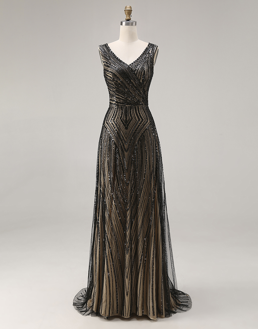 Sparkly Black Beaded V-Neck A Line Long Prom Dress