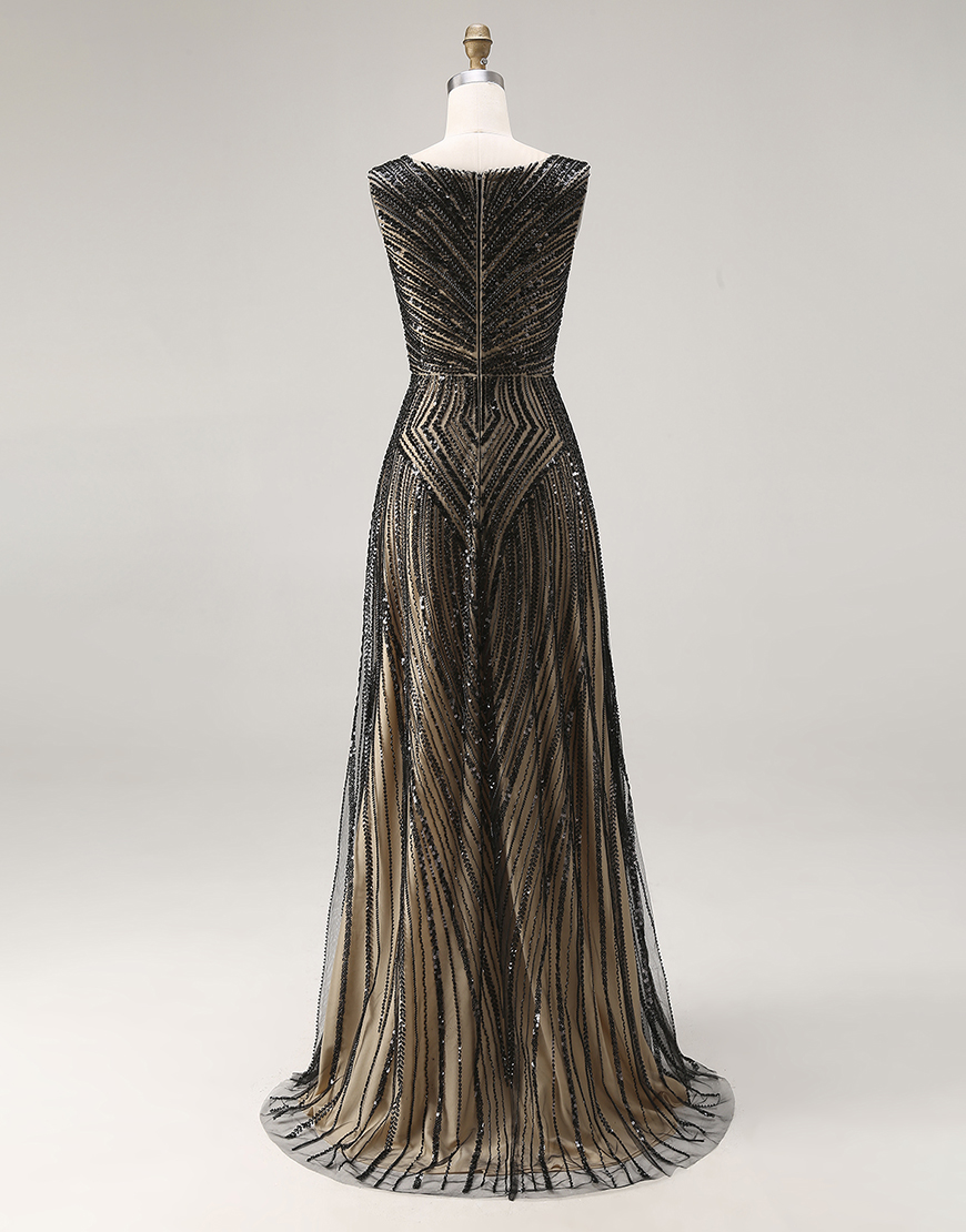 Sparkly Black Beaded V-Neck A Line Long Prom Dress