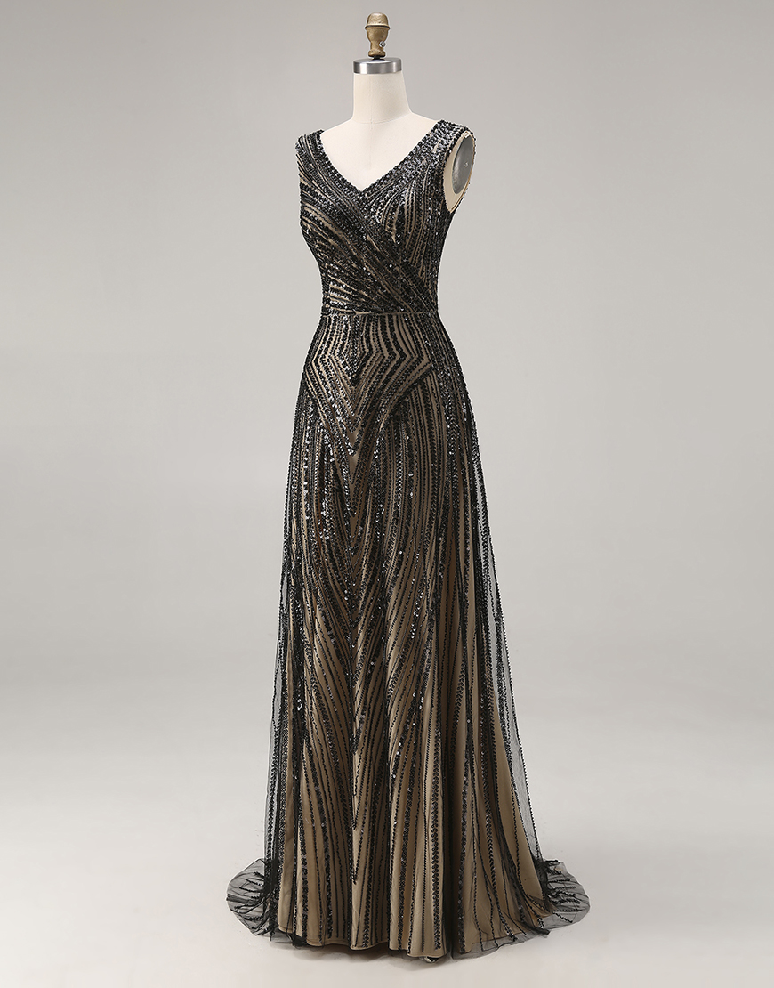 Sparkly Black Beaded V-Neck A Line Long Prom Dress