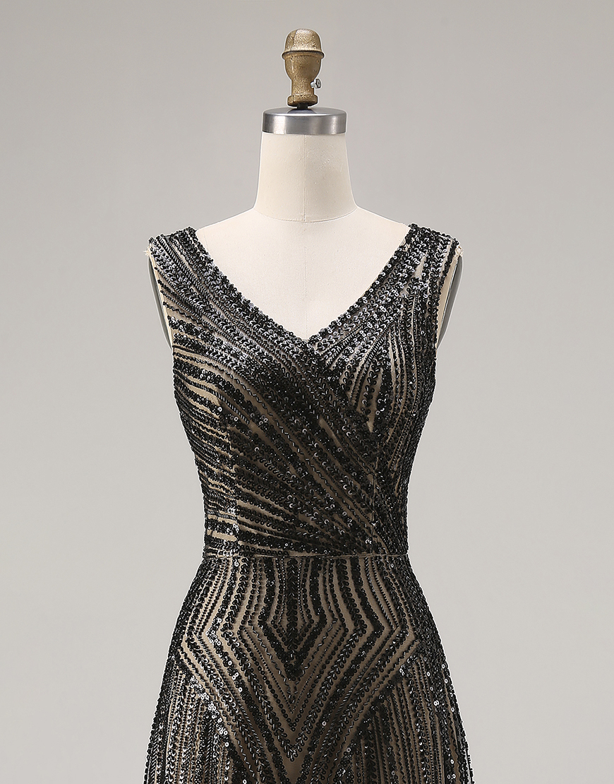 Sparkly Black Beaded V-Neck A Line Long Prom Dress