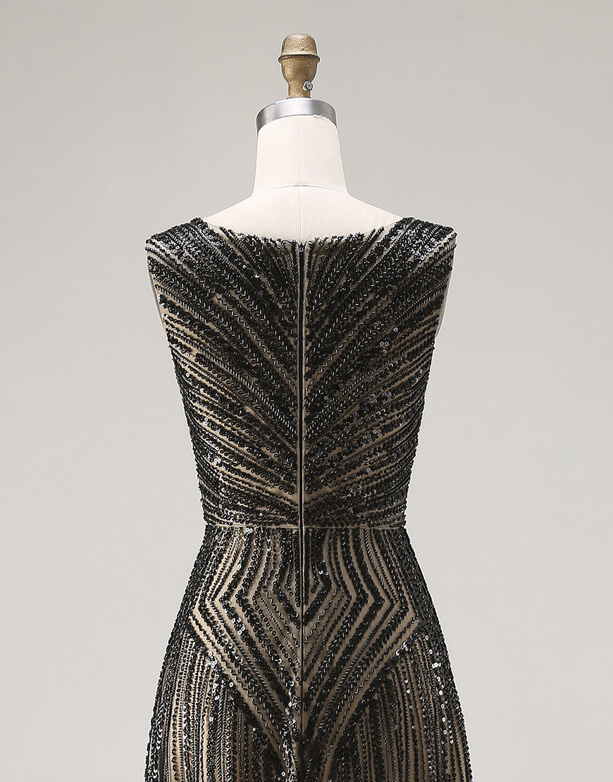 Sparkly Black Beaded V-Neck A Line Long Prom Dress