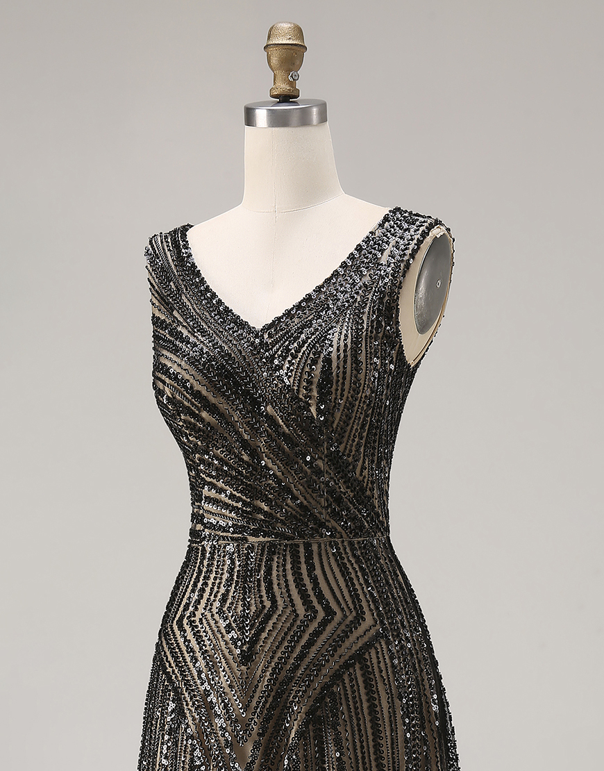 Sparkly Black Beaded V-Neck A Line Long Prom Dress