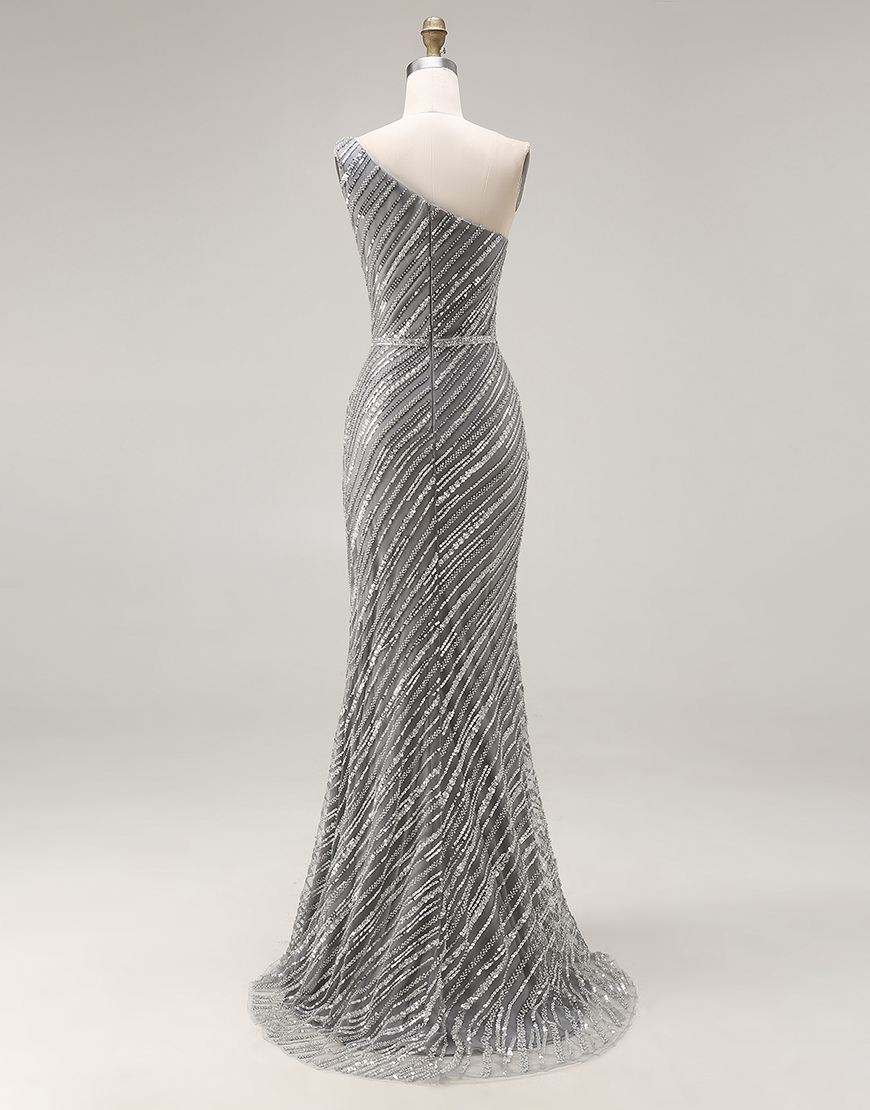 Sparkly Silver One Shoulder Mermaid Long Beaded Prom Dress with Slit