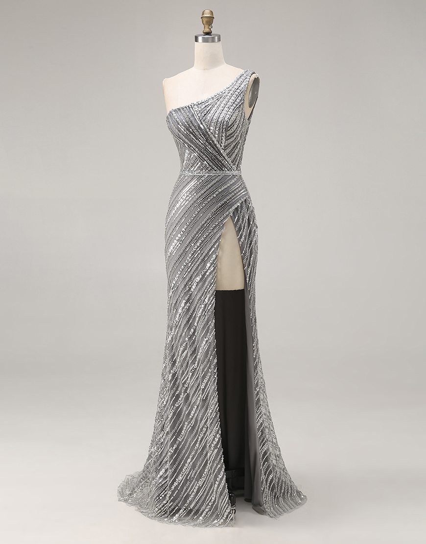 Sparkly Silver One Shoulder Mermaid Long Beaded Prom Dress with Slit