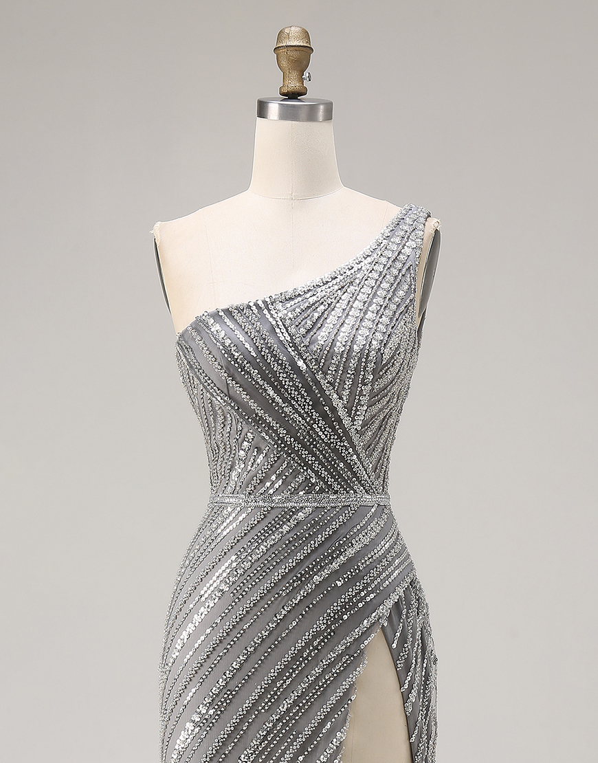 Sparkly Silver One Shoulder Mermaid Long Beaded Prom Dress with Slit