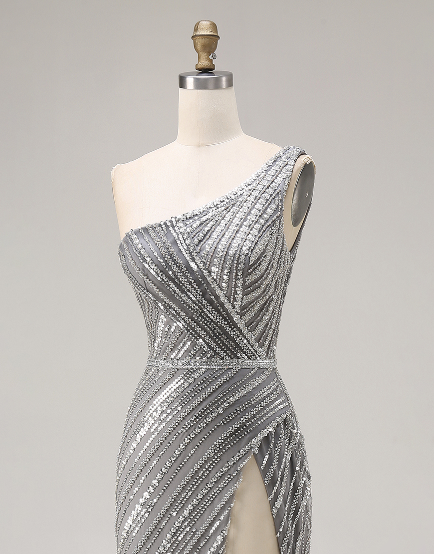 Sparkly Silver One Shoulder Mermaid Long Beaded Prom Dress with Slit