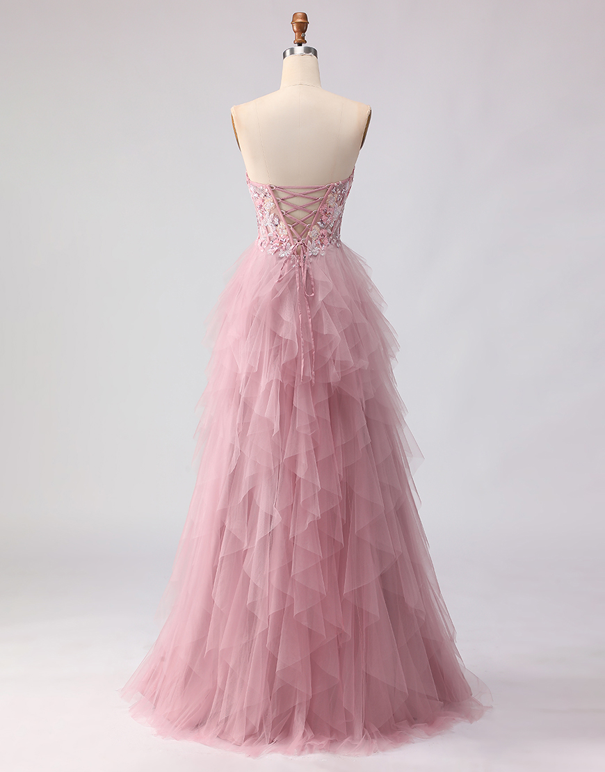 Sparkly Pink Floral Tulle A Line Sweetheart Long Prom Dress with Beading
