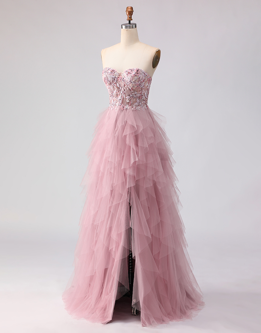 Sparkly Pink Floral Tulle A Line Sweetheart Long Prom Dress with Beading