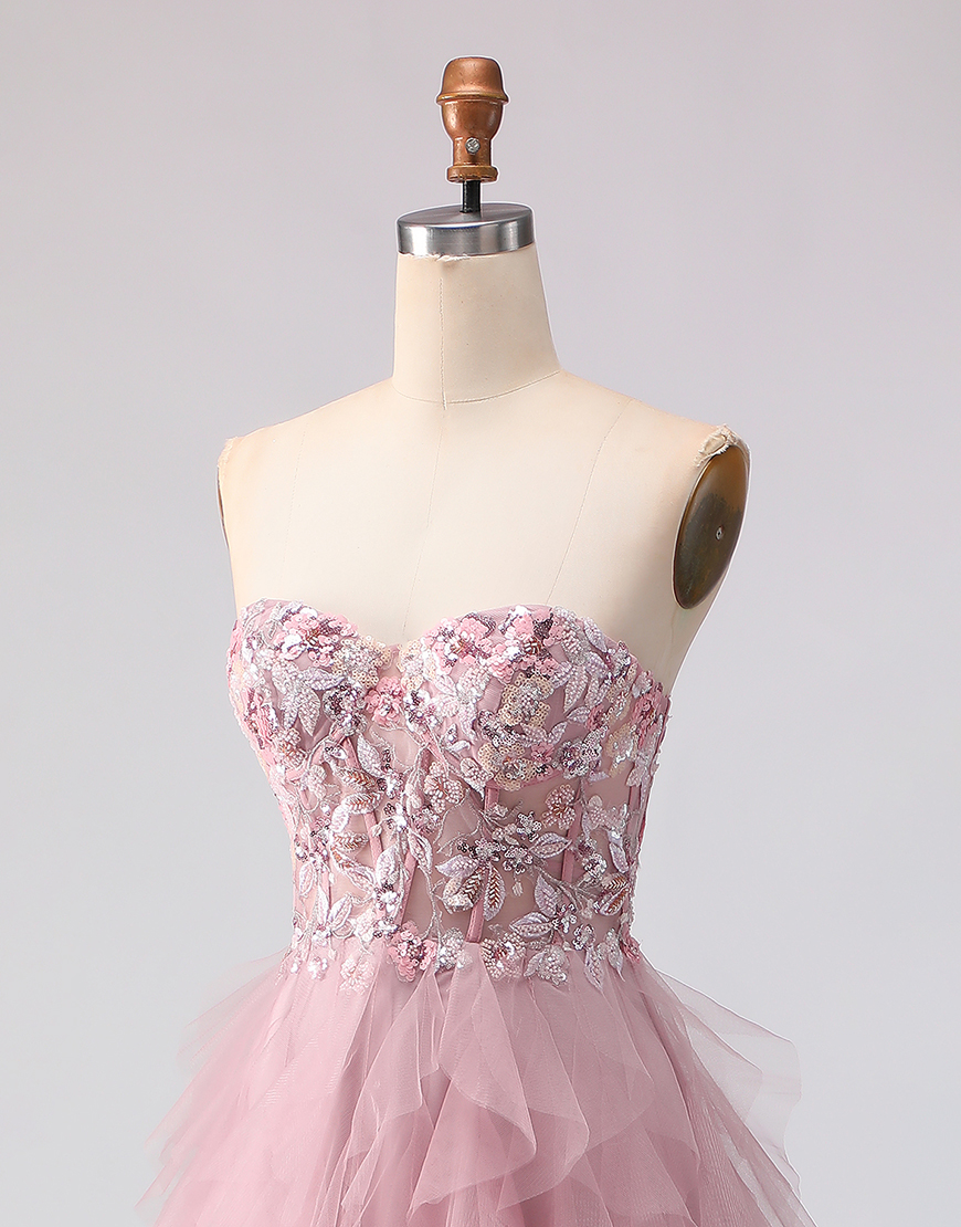Sparkly Pink Floral Tulle A Line Sweetheart Long Prom Dress with Beading