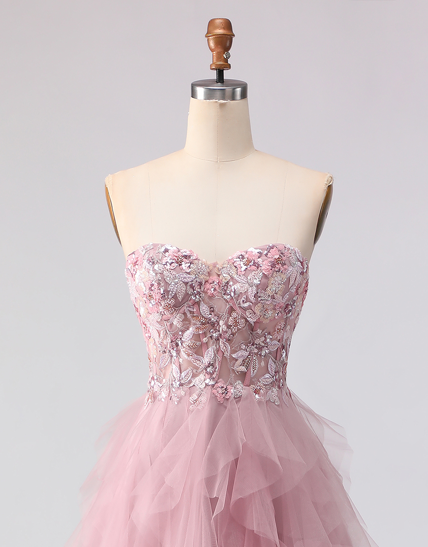 Sparkly Pink Floral Tulle A Line Sweetheart Long Prom Dress with Beading