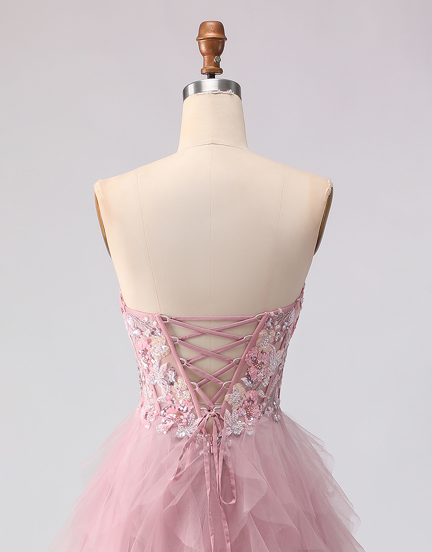 Sparkly Pink Floral Tulle A Line Sweetheart Long Prom Dress with Beading